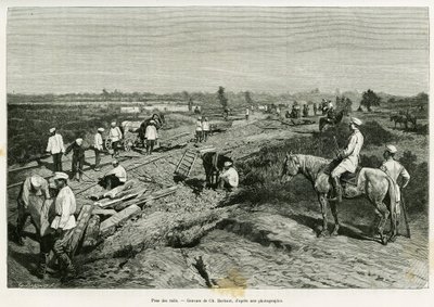Laying the transcaspian rails. Engraving by Ch. Barbant to illustrate the story Voyage a Merv, by Edgar Boulanger, in le tour du monde 1887, directed by Edouard Charton by Charles Barbant