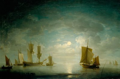 An English Frigate and Coastal Craft Becalmed by Moonlight by Charles Brooking