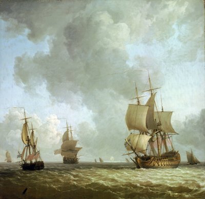 British Royal Navy ships blowing in the ocean wind, around 1750 by Charles Brooking