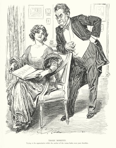 Tragic Moments, Trying to be appreciative while the author of the verses looks over your shoulder by Charles Dana Gibson
