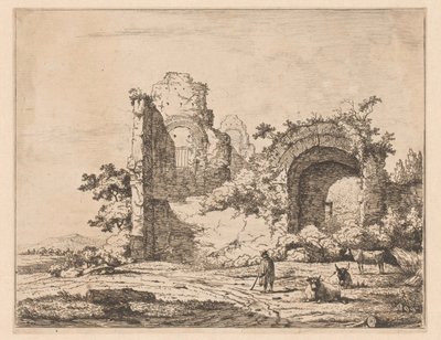 Landscape with Ruin and Shepherd (series title: Prints with Ruins in Landscapes, Cahier de ruines et de paysages) by Charles Echard (attributed to)