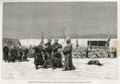 Exercises of manipulating Taifourchi bulwark rifles, troops armed and trained by the Chinese military, drawing by Delort, to illustrate the memories of an English embassy in Kachgar (or Kashi, China) in 1873-74, by Mr. Chapman and Gordon. Engraving in Le t by Charles Edouard Delort