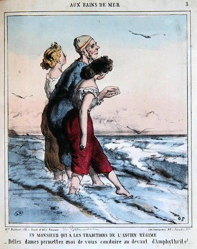 Traditional man escorting two young ladies to bathe in the sea by Charles Edouard de Beaumont