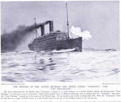 The opening action between the armed liners Carmania and Cap Trafalgar, South Atlantic, September 1915 by Charles Edward Dixon