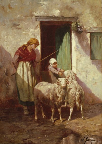 Shepherdess with a Child and Two Sheep by Charles Emile Jacque