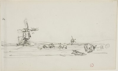 Landscape in Holland (recto); Sketch of Windmills by Water (verso) by Charles Francois Daubigny