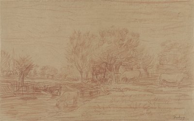 Landscape with Grazing and Drinking Cows and a Watching Bull by Charles Francois Daubigny