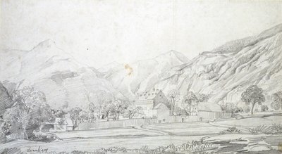View of Buildings in a Walled Enclosure with Mountains in the Background by Charles Francois Daubigny