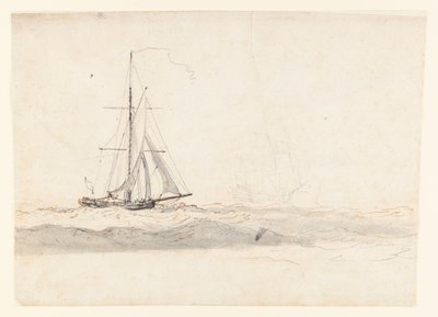 A cutter before the wind with a ship in the distance by Charles Gore