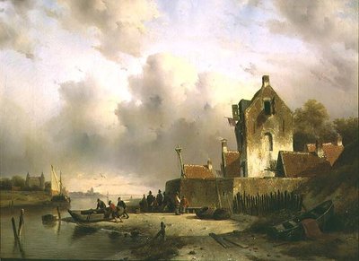 An Estuary with Fisherfolk by a Quay by Charles Henri Joseph Lieckert