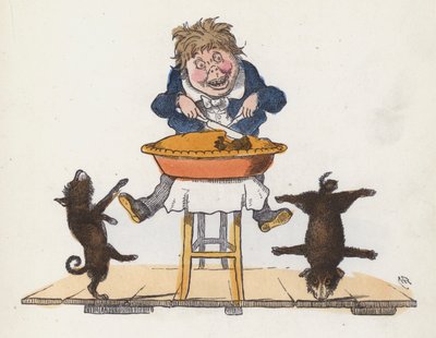 Boy eating a pie while his pet dog performs acrobatic feats by Charles Henry (after) Bennett