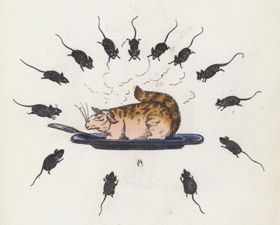 Gluttonous cat on a plate surrounded by hungry mice by Charles Henry (after) Bennett