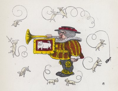 Town crier blowing a trumpet, surrounded by curly-tailed dogs by Charles Henry (after) Bennett