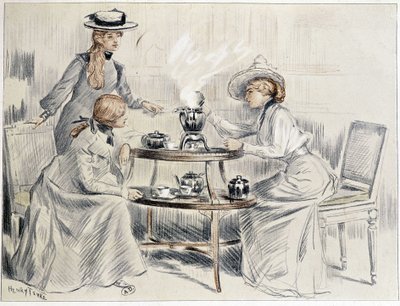 Ladies taking tea around a small samovar - drawing by Henri Tenré, ca. 1910 by Charles Henry Tenre