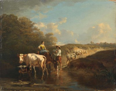 Shepherd Couple with Animals at a Waterhole by Charles Humbert