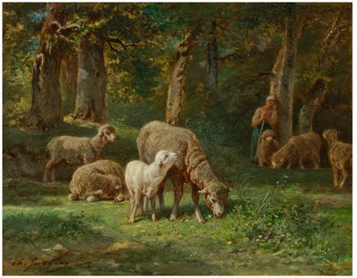 Shepherdess Tending Her Flock by Charles Jacque