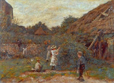 Scene in Farmyard with Children Picking Fruit by Charles James