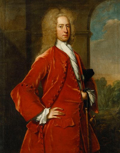 Portrait of Colonel William Forward, M.P., Three-Quarter Length, in a Red Coat and Waistcoat and White Stock, by a Stone Archway, a Landscape Beyond by Charles Jervas