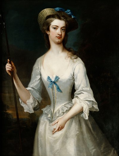 Portrait of a Lady, Possibly the Duchess of Ancaster, Three-Quarter Length, as a Shepherdess, in a White Satin Dress and Bonnet, in a Landscape by Charles Jervas