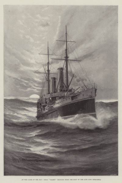 At the Close of the Day, HMS Talbot bringing Home the Body of the late Lord Herschell by Charles John de Lacy