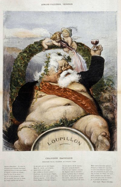 Armand Fallières, winemaker: caricature of Fallières en Bacchus (Bacco) - in le Laughter of Oct 1906 by Charles Leandre