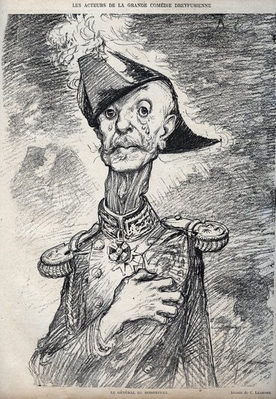 The actors of the great Dreyfussian comedy - Portrait of Raoul Le Mouton de Boisdeffre, French military - cartoon by Charles Leandre in Le Rire by Charles Leandre