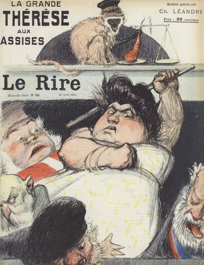 The trial of the notorious fraudster Therese Humbert. Illustration for Le Rire by Charles Leandre