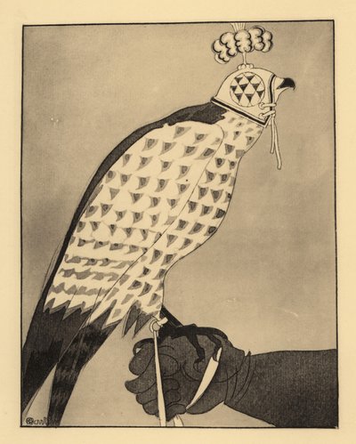 Hunting falcon in hood perched on a falconer’s gauntlet by Charles Martin