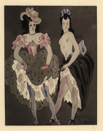 Two half-naked prostitutes dressed in petticoats and bonnets by Charles Martin