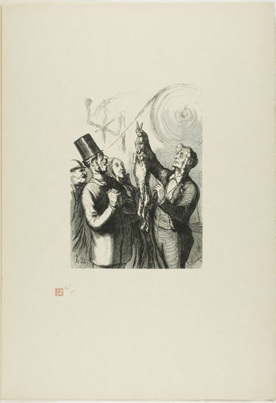 At the Universal Exhibition: The producer of felt hats. Here you can see a live rabbit, which I will dump into the machine like that... by Charles Maurand