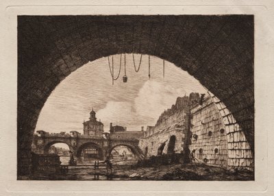 The New Bridge and the Samaritaine seen from under the First Arch of the Exchange Bridge, Paris by Charles Meryon