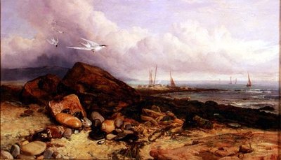 Shore Scene with Fishing Boat and Terns by Charles Napier Hemy