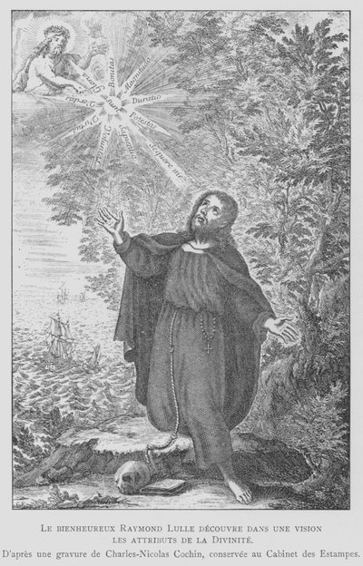 Spanish philosopher Ramon Llull discovering the attributes of divinity in a vision by Charles Nicolas II (after) Cochin