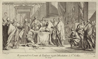 Raymond VI, Count of Toulouse, humbling himself at the Church of St Gilles in order to have his excommunication lifted by Charles Nicolas II Cochin