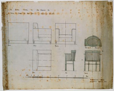 Designs for an Upholstered Chair and a Spindle Chair Shown in Elevation and Plans by Charles Rennie Mackintosh