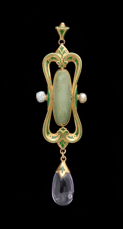 Pendant (gold, enamel, translucent green gem & pearl) by Charles Ricketts