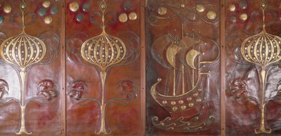Embossed, painted and gilded leather panels, made by the Guild of Handicraft, 1892 by Charles Robert Ashbee