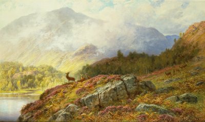 Deer in a Highland Landscape by Charles Stuart
