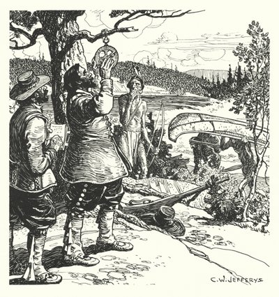 Champlain taking an observation with the Astrolabe, on the Ottawa by Charles William (after) Jefferys