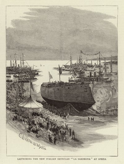 Launching the New Italian Ironclad La Sardegna at Spezia by Charles William Wyllie