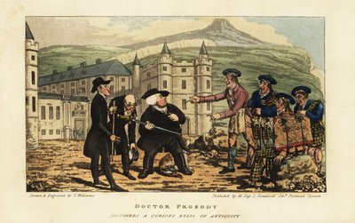 A Scottish mason informing English tourists that their rusty ancient falchion sword is a modern blade by Andrea Ferrara in front of Holyrood Palace, Edinburgh by Charles Williams