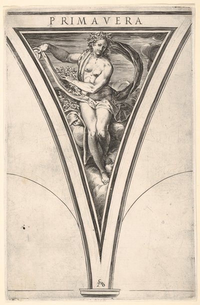 Spring Primavera represented as a woman bearing a billowing drape and garlands by Cherubino Alberti