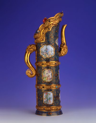 A magnificent Imperial gold, cloisonne and Beijing enamel ewer, Duomuhu, engraved Qianlong four-character mark and of the period, Palace Workshops by Chinese School