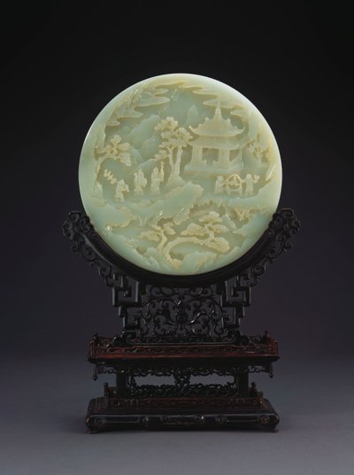 A White Jade Circular Table Screen Depicting Scholars Approaching a Pavilion by Chinese School