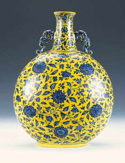 An Underglaze Blue and Yellow Enamelled Moonflask with a Peony and Lotus Pattern, c.1723-1735 by Chinese School