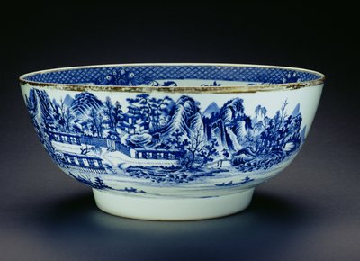 Blue and white bowl decorated with a scene showing the manufacture of porcelain by Chinese School