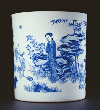 Blue and white brushpot painted with a lady and boys playing on hobbyhorses in a garden, Chongzheng, 1630-44 by Chinese School