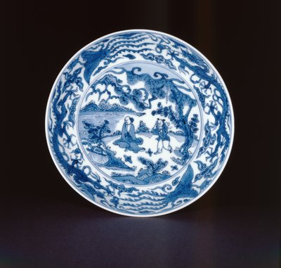 Blue and white dish painted with a sage and attendant, Wanli mark and period, 1573-90 by Chinese School