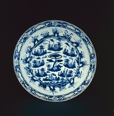 Blue and white dish painted with rocky islands and pavilions, Wanli or Tianqi, 1600-25 by Chinese School