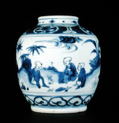 Blue and white jar painted with boys with a hare, Wanli or Chongzheng, 1600-30 by Chinese School